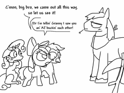 Size: 793x594 | Tagged: suggestive, artist:the weaver, derpibooru import, apple bloom, big macintosh, scootaloo, sweetie belle, earth pony, pony, unicorn, blushing, cutie mark crusaders, female, filly, implied sex, male, monochrome, scootachicken, simple background, stallion, straw, white background, wide eyes