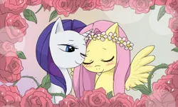 Size: 800x480 | Tagged: safe, artist:yubi, derpibooru import, fluttershy, rarity, blushing, daisy (flower), female, flarity, lesbian, rose, shipping