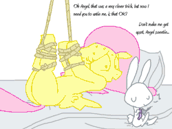 Size: 800x600 | Tagged: suggestive, artist:the weaver, derpibooru import, angel bunny, fluttershy, pegasus, pony, rabbit, :>, angel is a bunny bastard, bed, bondage, condom, eyes closed, female, floppy ears, implied angelshy, implied bestiality, implied interspecies, male, mare, music notes, nervous, on back, pillow, plot, shipping, simple background, smiling, spread wings, straight, suspended, sweat, upside down, wat, white background, wide eyes, wings