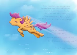 Size: 1500x1073 | Tagged: safe, artist:wdeleon, derpibooru import, scootaloo, pegasus, pony, alternate cutie mark, crying, eyes closed, female, filly, flying, happy, learning to fly, pink floyd, scootaloo can fly, solo, song reference, tears of joy