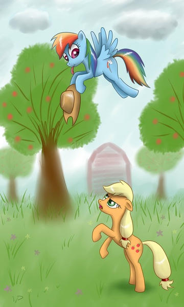 Size: 1500x2500 | Tagged: safe, artist:wdeleon, derpibooru import, applejack, rainbow dash, earth pony, pegasus, pony, accessory theft, apple tree, flying, rearing, tongue out, tree