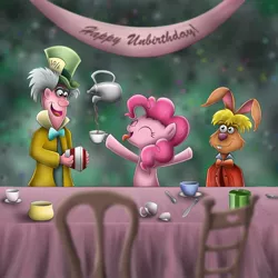 Size: 1200x1200 | Tagged: safe, artist:wdeleon, derpibooru import, pinkie pie, human, pony, alice in wonderland, bipedal, crossover, cup, eyes closed, hat, mad hatter, table, tea, teacup, teapot, trio