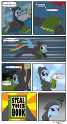 Size: 838x1529 | Tagged: artist:gonzahermeg, book, catsuit, comic, derpibooru import, rainbow dash, read it and weep, safe, sneaking