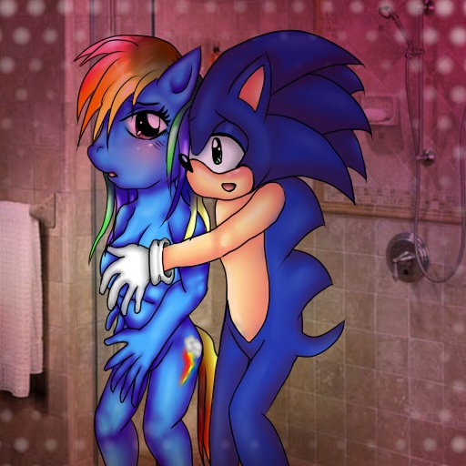 Size: 512x512 | Tagged: anthro, artist:whitemagetifa, background pony strikes again, breasts, busty rainbow dash, crossover, crossover shipping, derpibooru import, female, love, male, questionable, rainbow dash, shipping, shower, sonicdash, sonic the hedgehog, sonic the hedgehog (series), straight