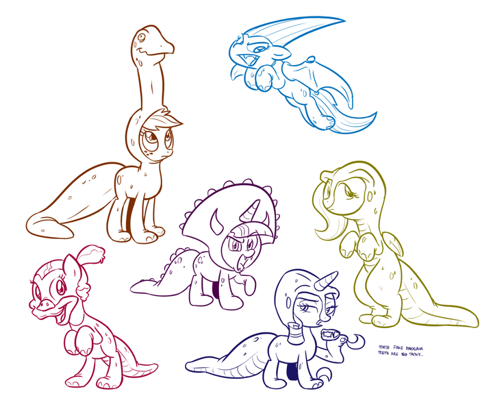 Size: 1280x1067 | Tagged: applejack, artist:willdrawforfood1, costume, derpibooru import, dinosaur, fluttershy, mane six, pinkie pie, rainbow dactyl, rainbow dash, rarity, safe, twiceratops, twilight sparkle