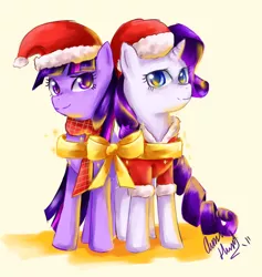 Size: 972x1024 | Tagged: artist:hungrychickens, bow, christmas, clothes, derpibooru import, hat, rarity, ribbon, safe, santa hat, scarf, twilight sparkle