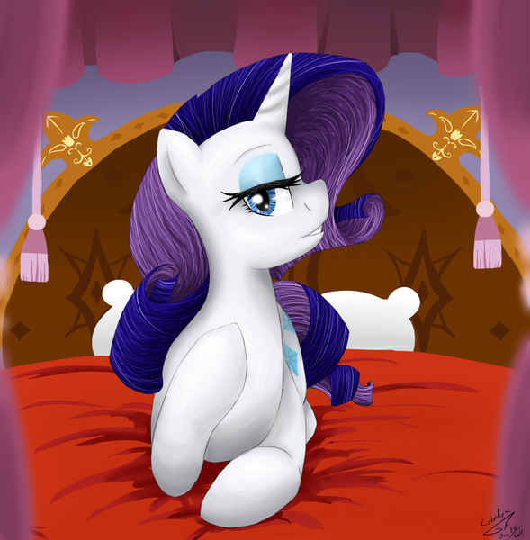 Size: 1176x1197 | Tagged: artist:kudalyn, bed, derpibooru import, rarity, safe, solo