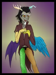 Size: 1759x2344 | Tagged: artist:dawnmistpony, clothes, derpibooru import, discord, gradient background, horned humanization, human, humanized, looking at you, male, safe, signature, solo, winged humanization, wings