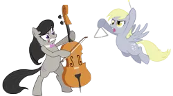 Size: 3004x1685 | Tagged: safe, artist:dawnmistpony, derpibooru import, derpy hooves, octavia melody, earth pony, pegasus, pony, angry, bipedal, bow (instrument), cello, female, fight, mare, musical instrument, open mouth, simple background, transparent background, triangle, vector