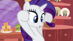 Size: 640x360 | Tagged: safe, derpibooru import, screencap, rarity, pony, unicorn, look before you sleep, animated, arms in the air, cute, eyeshadow, female, golden oaks library, indoors, makeup, mare, oooooh, open mouth, perfect loop, rain, raribetes, shelf, solo, spooky