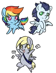 Size: 768x1008 | Tagged: safe, artist:rannarbananar, derpibooru import, derpy hooves, rainbow dash, soarin', pegasus, pony, chibi, female, letter, mail, mare