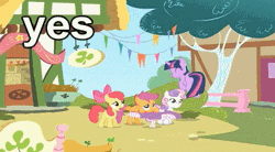 Size: 390x216 | Tagged: adorkable, animated, apple bloom, cute, cutie mark crusaders, derpibooru import, dork, edit, edited screencap, eyes closed, happy, open mouth, pronking, reaction image, safe, scootaloo, screencap, smiling, sweetie belle, the cutie mark chronicles, twiabetes, twilight sparkle, yes, yes yes yes
