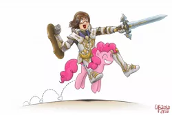 Size: 1200x800 | Tagged: armor, artist:thebourgyman, derpibooru import, fantasy class, human, knight, pinkie pie, riding, safe, shield, sword, warrior