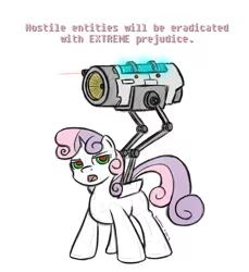Size: 1280x1400 | Tagged: safe, artist:scherzo, derpibooru import, sweetie belle, android, pony, robot, robot pony, unicorn, blank flank, energy weapon, female, filly, foal, gynoid, hooves, horn, laser, red eyes, simple background, solo, sweetie bot, text, weapon, white background