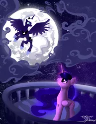 Size: 1194x1546 | Tagged: safe, artist:jokerpony, derpibooru import, princess luna, twilight sparkle, twilight sparkle (alicorn), alicorn, pony, fanfic, fanfic:sharing the night, alternate hairstyle, balcony, cloud, ethereal mane, eye contact, fanfic art, female, frown, glare, looking at each other, looking up, mare, moon, night, stars