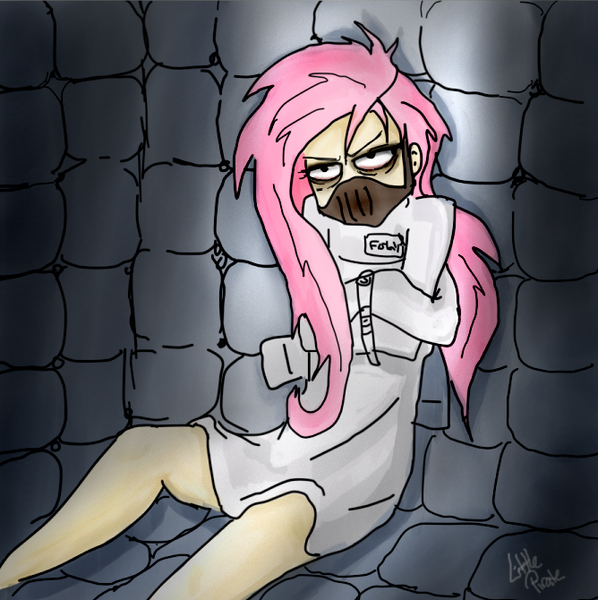 Size: 668x670 | Tagged: artist:littlepirate, asylum, bondage, derpibooru import, fluttershy, grimdark, humanized, insanity, institutionalized, .mov, padded cell, pony.mov, shed.mov, skinny, straitjacket