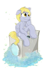 Size: 3438x5762 | Tagged: safe, artist:toonlancer, derpibooru import, derpy hooves, pegasus, pony, semi-anthro, absurd resolution, bubble, earbuds, ipod, laundry, mp3 player, simple background, sitting, smiling, solo, transparent background, washing machine
