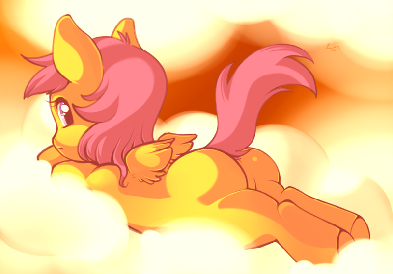 Size: 900x629 | Tagged: artist:zanthu, cloud, cloudy, derpibooru import, female, filly, foalcon, looking at you, looking back, plot, prone, raised tail, scootabutt, scootaloo, solo, solo female, suggestive
