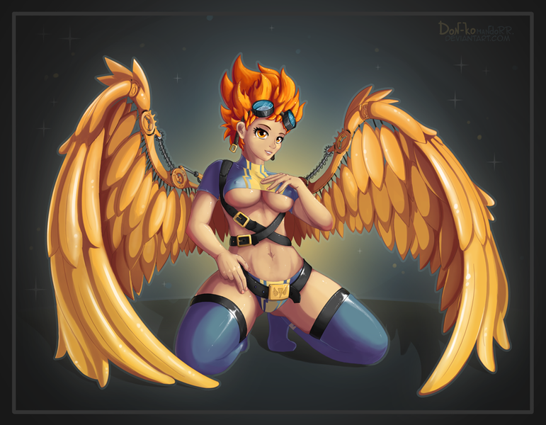 Size: 900x700 | Tagged: alternate version, artificial wings, artist:don-ko, art pack:my little sweetheart, augmented, belly button, breasts, busty spitfire, clothes, derpibooru import, female, human, humanized, mechanical wing, my little sweetheart, sexy, solo, solo female, spitfire, stockings, stupid sexy spitfire, suggestive, thigh highs, underboob, wide hips, winged humanization, wings