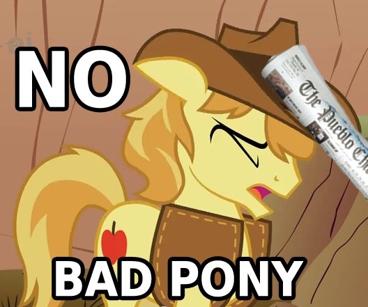 Size: 528x441 | Tagged: abuse, bad pony, braeburn, braebuse, cropped, derpibooru import, edit, edited screencap, image macro, newspaper, over a barrel, reaction image, safe, screencap, solo, swatting