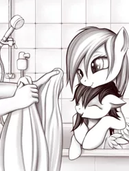 Size: 480x640 | Tagged: safe, artist:rainbow, derpibooru import, rainbow dash, scootaloo, human, pegasus, pony, arms, bath, bathtub, cute, cutealoo, dashabetes, eyes closed, female, filly, floppy ears, grayscale, group, hand, happy, hnnng, hug, mare, monochrome, offscreen character, open mouth, scootalove, smiling, towel, wet, wet mane