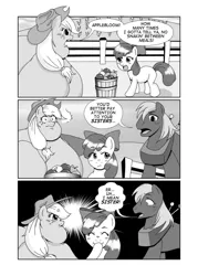 Size: 900x1257 | Tagged: safe, artist:bonusart, derpibooru import, apple bloom, applejack, big macintosh, earth pony, pony, applefat, comic, double chin, fat, hypocrisy, male, monochrome, morbidly obese, obese, stallion