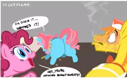 Size: 506x312 | Tagged: suggestive, artist:ross irving, derpibooru import, carrot cake, cup cake, pinkie pie, earth pony, pony, blushing, fat, female, impossibly large butt, male, mare, plot, stallion