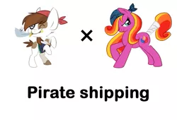 Size: 661x449 | Tagged: safe, derpibooru import, feathermay, pipsqueak, earth pony, pony, bandana, female, male, pinto, pipmay, pirate, pun, shipping, simple background, straight, tail wrap, white background