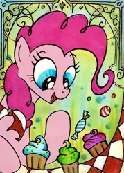 Size: 400x558 | Tagged: safe, artist:foxinshadow, derpibooru import, pinkie pie, earth pony, pony, candy, cupcake, cute, diapinkes, female, food, mare, open mouth, picnic blanket, solo, sweets