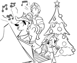Size: 1314x1080 | Tagged: artist:rubrony, christmas, cookie crumbles, cookieflanks, derpibooru import, hondo flanks, parent, piano, rarity, safe, singing, sweetie belle, tree