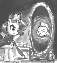 Size: 909x1000 | Tagged: artist:johnjoseco, clothes, crossover, crown, derpibooru import, disney, duo, grayscale, grimhilde, mirror, monochrome, rarity, safe, snow white, snow white and the seven dwarfs, spike