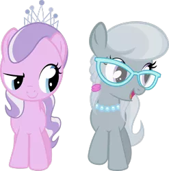 Size: 1600x1618 | Tagged: safe, artist:lumorn, derpibooru import, diamond tiara, silver spoon, earth pony, pony, glasses, open mouth, simple background, smiling, transparent background