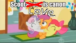 Size: 469x271 | Tagged: safe, derpibooru import, edit, edited screencap, screencap, apple bloom, scootaloo, sweetie belle, earth pony, pegasus, pony, unicorn, caption, cutie mark crusaders, eyes closed, female, filly, hape, hug, scootalove, wide eyes