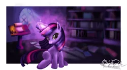 Size: 5120x2804 | Tagged: safe, artist:zelc-face, derpibooru import, twilight sparkle, pony, unicorn, absurd resolution, book, bookshelf, candle, female, golden oaks library, inkwell, mare, moonlight, quill, scroll, smiling, solo, unicorn twilight, wallpaper