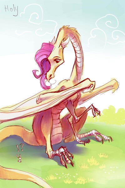 Size: 2874x4311 | Tagged: artist:holivi, derpibooru import, dragon, dragonified, exclamation point, flutterdragon, fluttershy, interrobang, question mark, safe, species swap