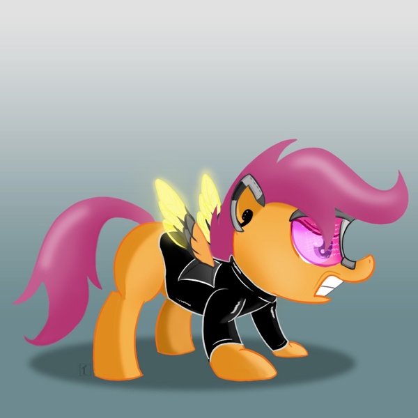 Size: 1000x1000 | Tagged: artist:subjectnumber2394, clothes, derpibooru import, future, gradient background, jacket, safe, scootaloo, solo