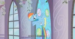 Size: 622x328 | Tagged: derpibooru import, rainbow dash, safe, screencap, stained glass, the return of harmony, youtube caption