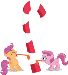 Size: 2887x3171 | Tagged: safe, artist:sircinnamon, derpibooru import, scootaloo, pegasus, pony, unicorn, 8 foot candy cane, candy cane, high res, licking, simple background, stuck, tongue out, tongue stuck to pole, transparent background, vector