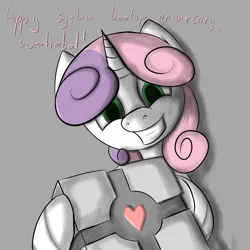 Size: 1024x1024 | Tagged: artist needed, safe, derpibooru import, sweetie belle, pony, robot, robot pony, unicorn, companion cube, female, filly, foal, gray background, hooves, horn, looking at you, portal (valve), simple background, solo, sweetie bot, teeth, text