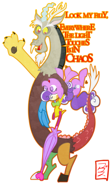 Size: 766x1278 | Tagged: artist:cruddydoodles, carrying, chaos, derpibooru import, dialogue, discord, hat, parody, propeller hat, safe, screwball, swirly eyes, the lion king, umbrella, upside down