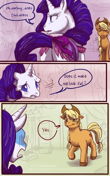 Size: 608x972 | Tagged: safe, artist:nanhart, derpibooru import, applejack, rarity, earth pony, pony, unicorn, brutal honesty, chest fluff, comic, dialogue, element of honesty, fat, plot, speech bubble, unshorn fetlocks