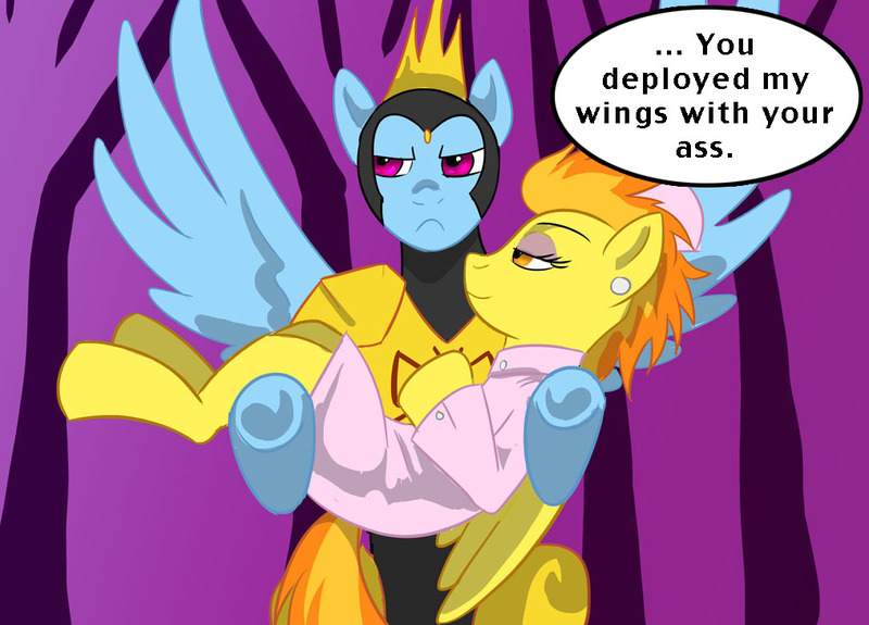 Size: 1015x730 | Tagged: safe, artist:mlpendlessnight, derpibooru import, rainbow dash, spitfire, pony, annoyed, clothes, crossover, dialogue, doctor girlfriend, holding a pony, speech bubble, the monarch, the venture bros., wingboner