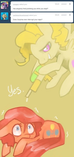 Size: 639x1350 | Tagged: artist:dhui, ask tired pie, dead source, derpibooru import, g1, g1 to g4, generation leap, pinkie pie, safe, surprise, tumblr, watergun