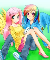 Size: 800x960 | Tagged: safe, artist:racoonsan, derpibooru import, edit, angel bunny, fluttershy, rainbow dash, breasts, busty fluttershy, clothes, converse, cute, female, flutterdash, hairclip, humanized, jacket, legs, lesbian, midriff, shipping, shoes, skirt, sweater, sweatershy, winged humanization