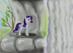 Size: 1920x1396 | Tagged: artist:thequezacotl, cave, derpibooru import, emerald, rarity, safe, solo, waterfall