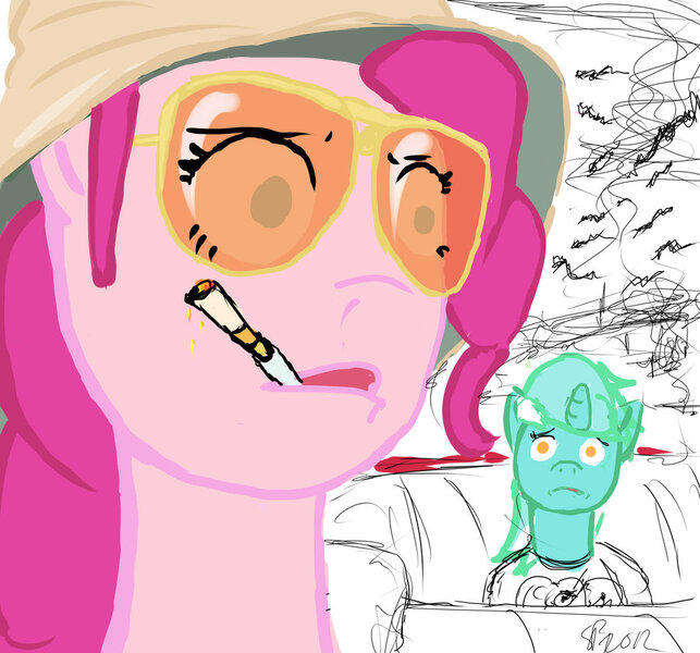 Size: 900x840 | Tagged: artist:submergedpony, derpibooru import, fear and loathing in las vegas, hunter s. thompson, lyra heartstrings, parody, pinkie pie, safe