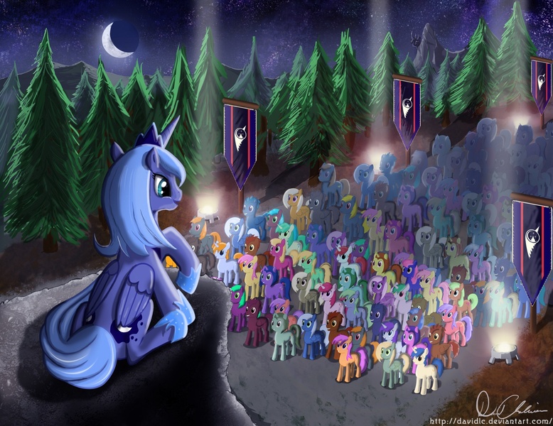 Size: 1680x1296 | Tagged: dead source, safe, artist:aerostheunsure, derpibooru import, princess luna, pony, banner, crescent moon, crowd, fir tree, forest, moon, new lunar republic, s1 luna, tree