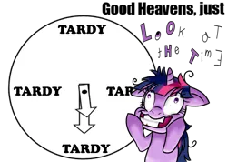 Size: 900x640 | Tagged: artist:osakaoji, derpibooru import, insanity, just look at the time, safe, solo, tardy, twilight snapple, twilight sparkle