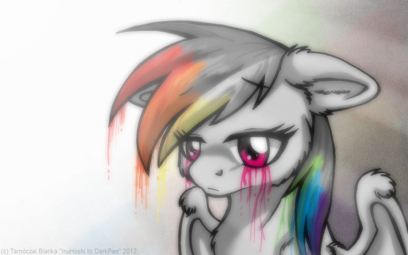 Size: 800x500 | Tagged: artist:inuhoshi-to-darkpen, derpibooru import, discorded, rainbow dash, sad, safe, solo