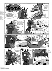 Size: 1200x1652 | Tagged: dead source, safe, artist:docpel, derpibooru import, edit, princess celestia, princess luna, alicorn, pony, luna eclipsed, ..., apple, apple bobbing, comic, dialogue, duo, duo female, eyes closed, female, food, grayscale, lunatic, magic, mare, monochrome, pixiv, question mark, simple background, sitting, smiling, snorting, speech bubble, telekinesis, throne, translation, white background